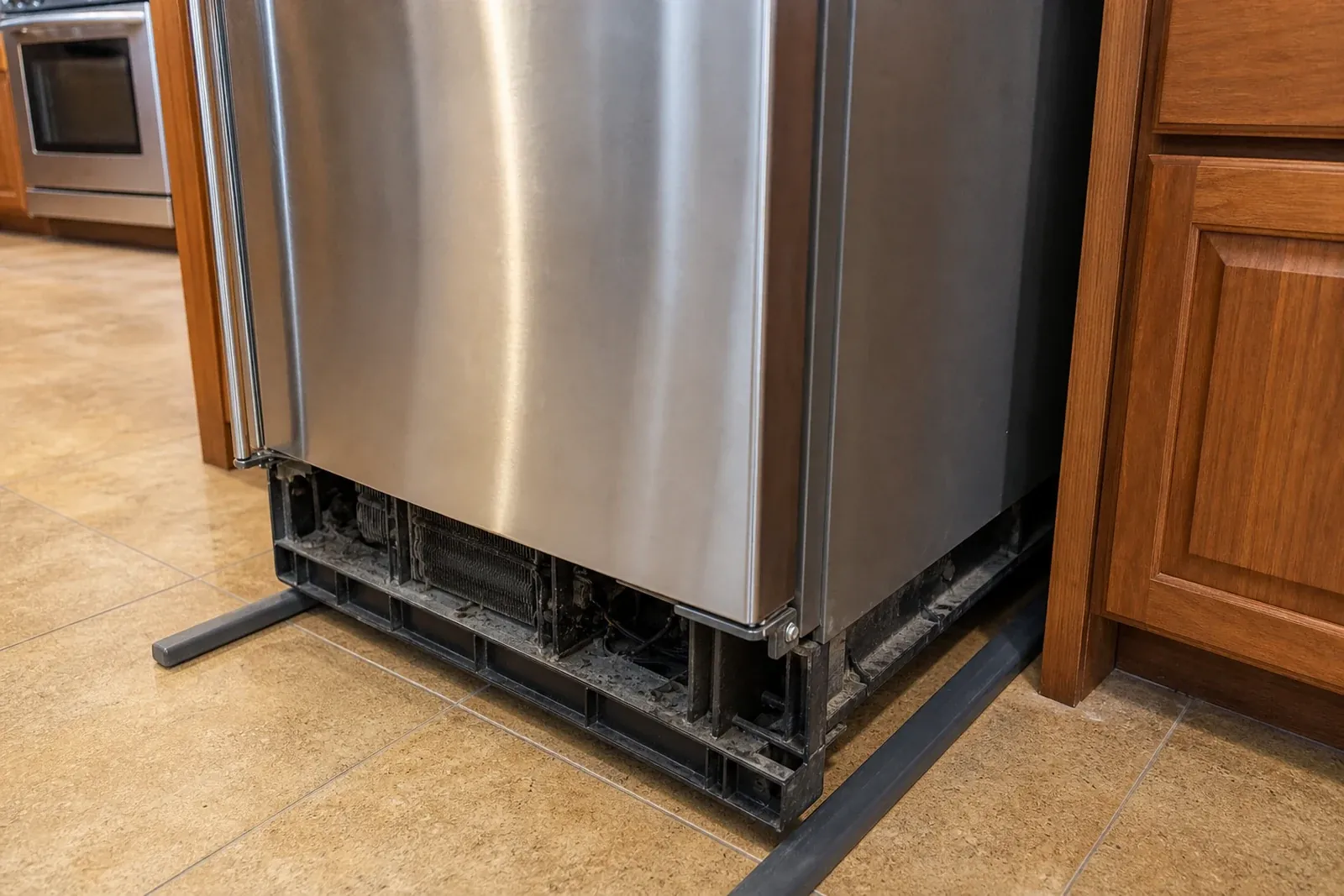 Built-in refrigerator eased forward on floor runners for cabinet-safe access