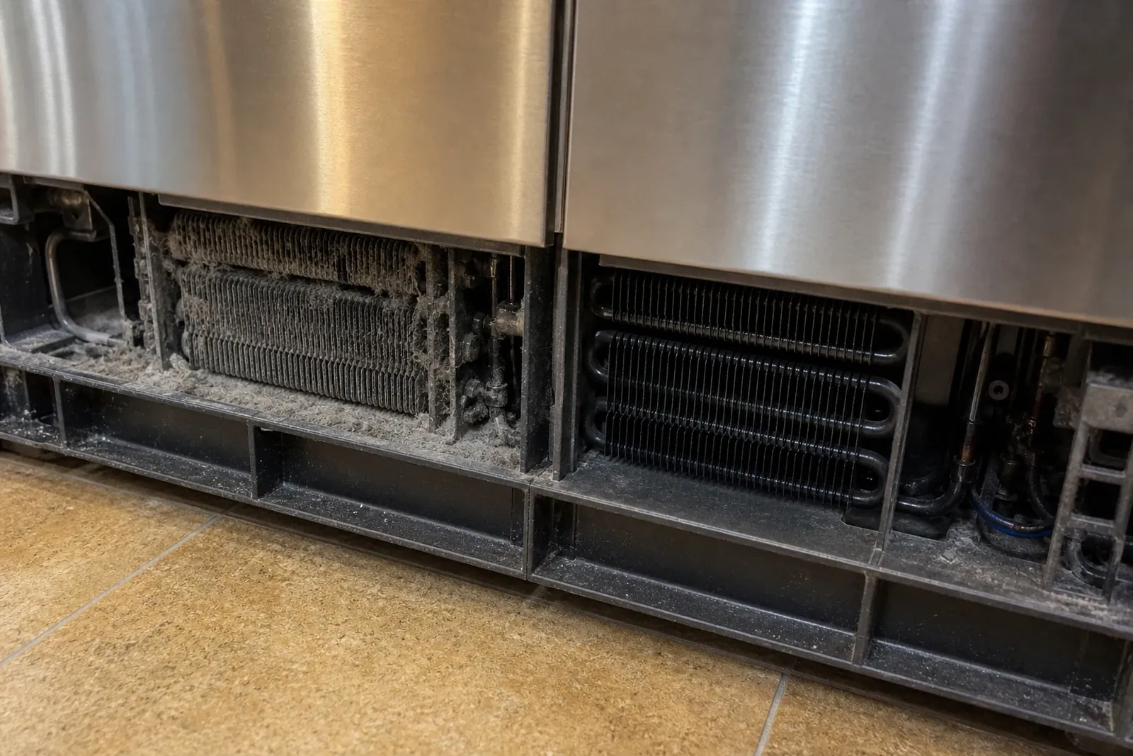 Before-and-after of a Sub-Zero condenser coil cleaned during a Santa Rosa service visit