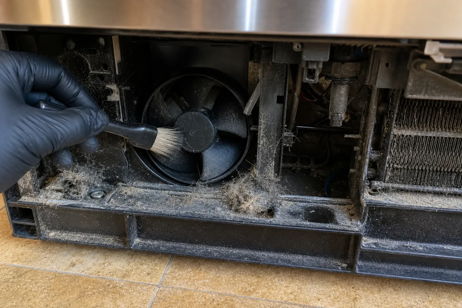 Brushing summer dust off a Sub-Zero condenser fan in Fountaingrove