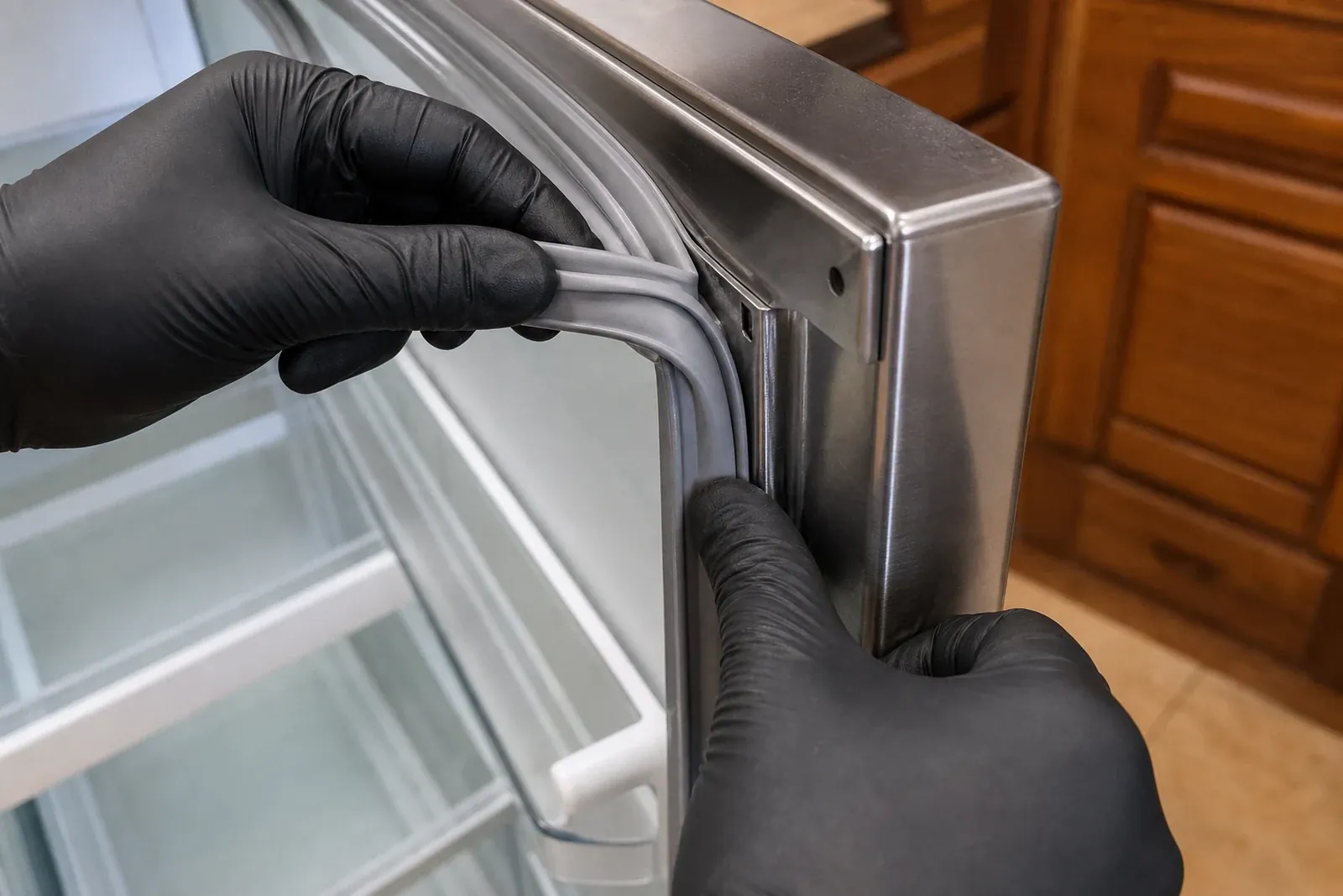 Seating a new Sub-Zero door gasket during a Santa Rosa repair