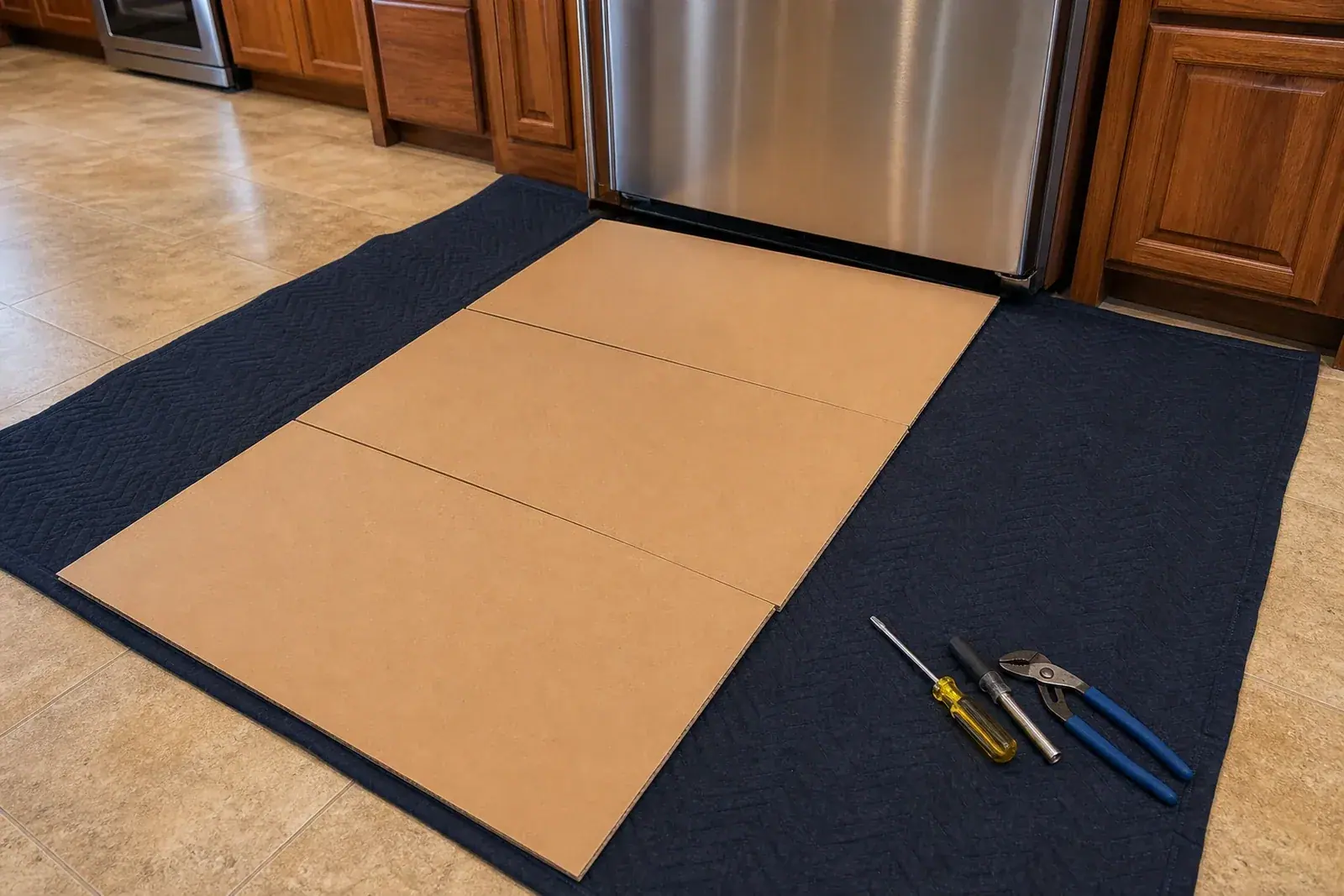 Floor protection laid before a Sub-Zero pullout in a Montecito Heights remodel