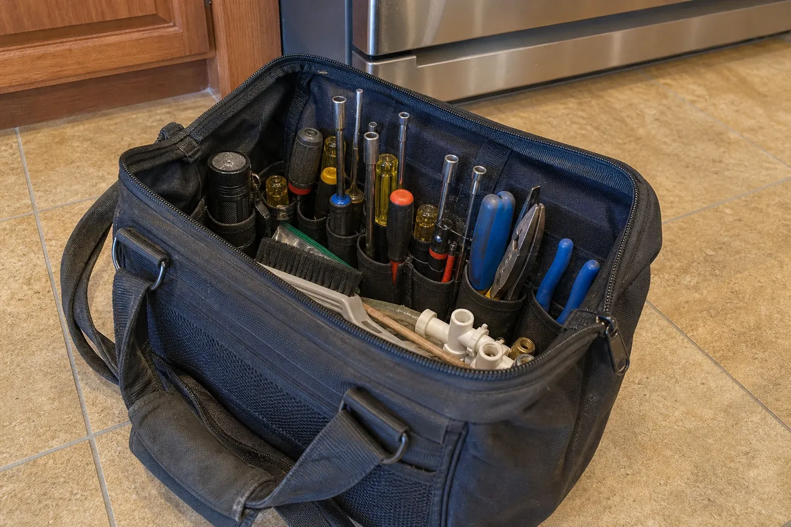 Wolf appliance specialist with tools in a Santa Rosa kitchen ready to diagnose a range or oven