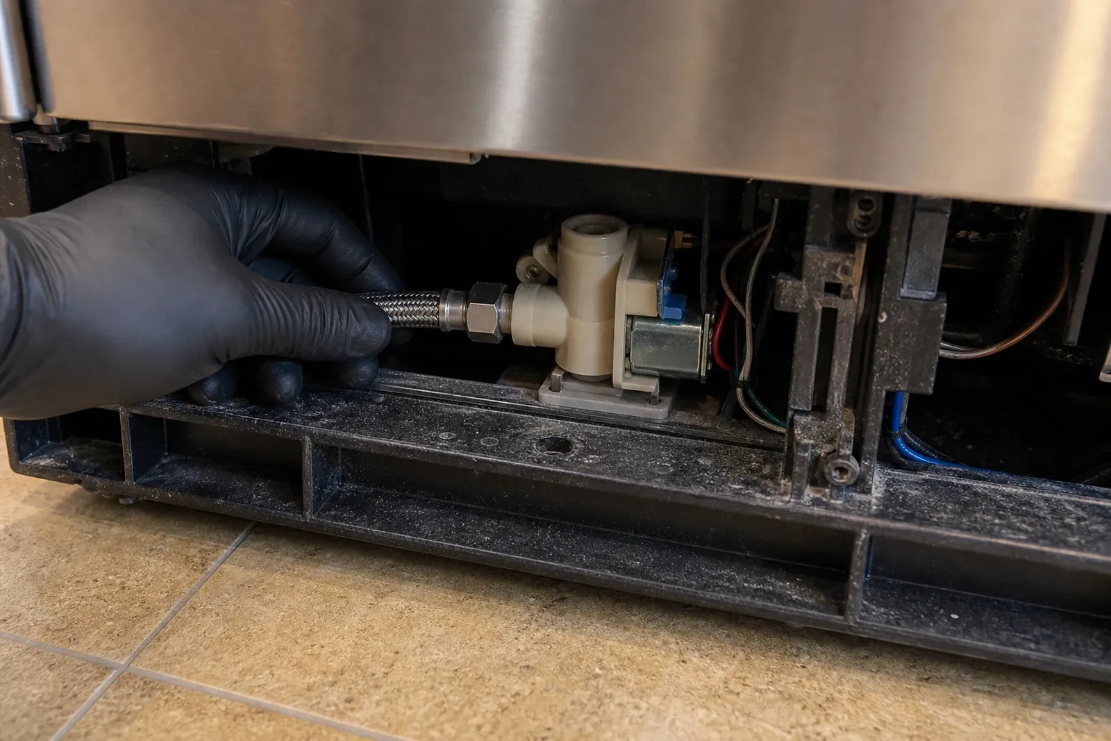 Technician inspecting a Sub-Zero water inlet valve and supply line during a Santa Rosa leak diagnosis