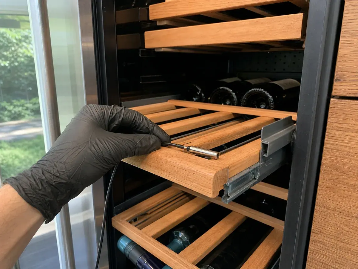 Sub-Zero wine column being checked for steady cellar temperature in a Sonoma County wine-country home