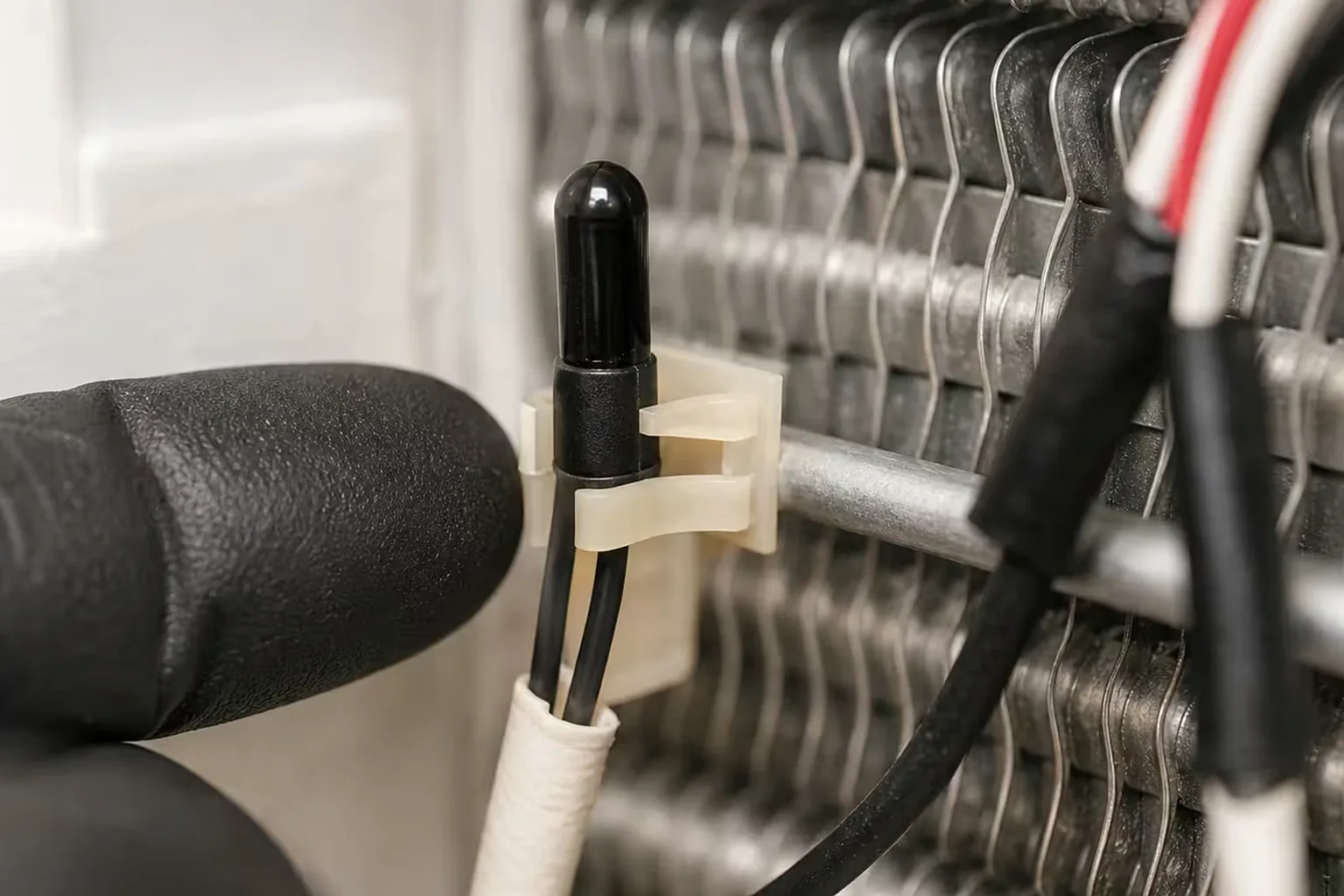 Frost-caked evaporator coil behind the rear panel of a Sub-Zero freezer in a Santa Rosa kitchen